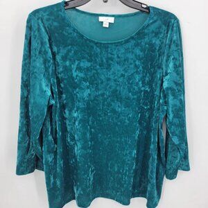 J Jill Top Womens Large Teal Blue Crushed Velvet Long Sleeve Elegant Boho Blouse
